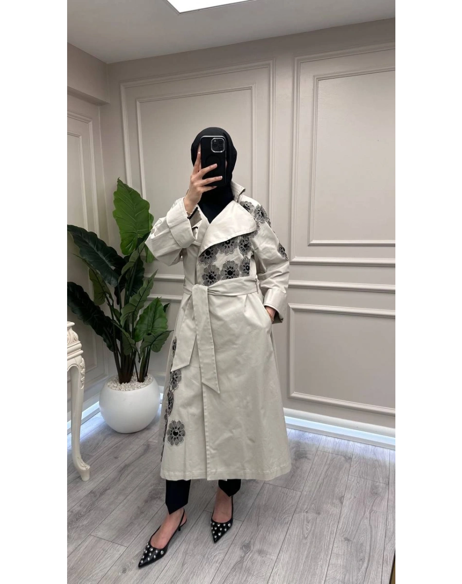 Trenç 3738 Taş Gül Desenli Trençkot