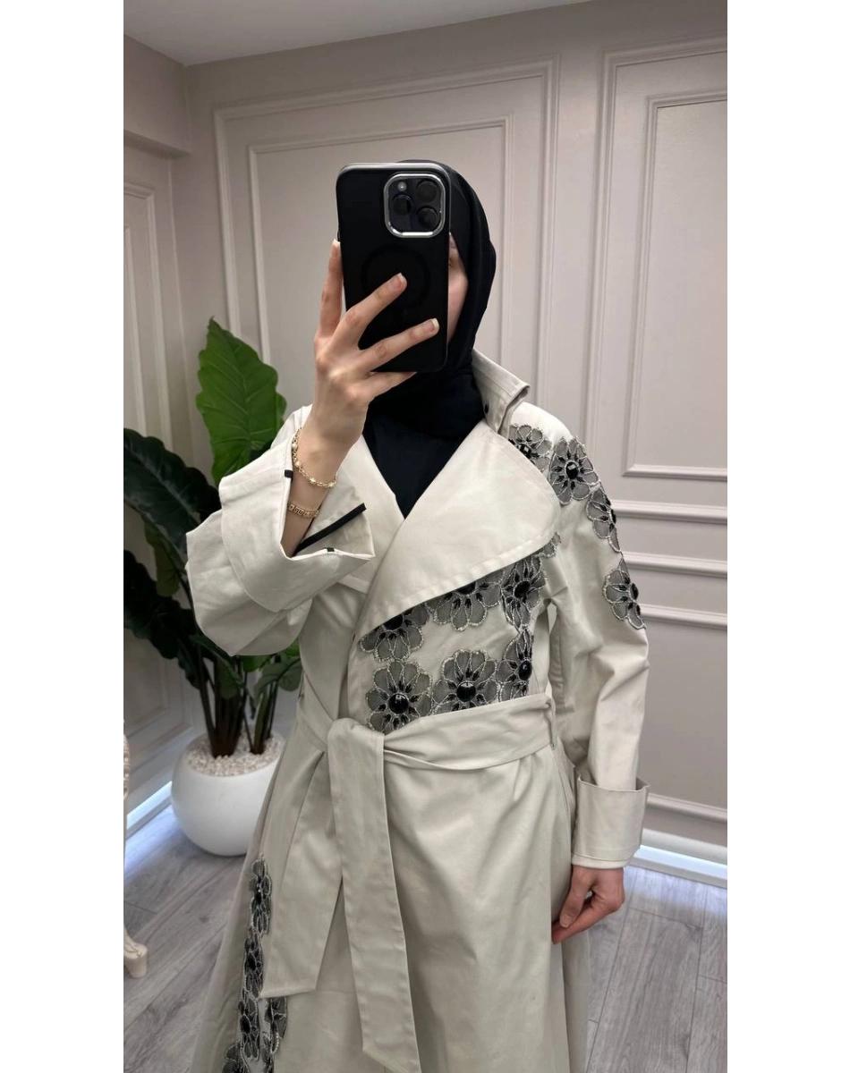 Trenç 3738 Taş Gül Desenli Trençkot