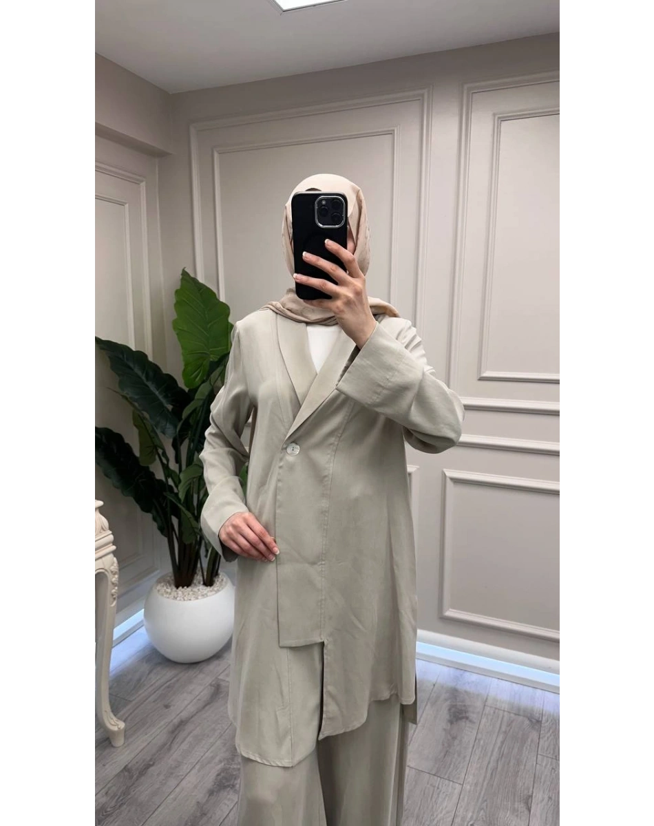 Trenç 3742 Bej Önü Düğmeli Kap Pantolon Takım