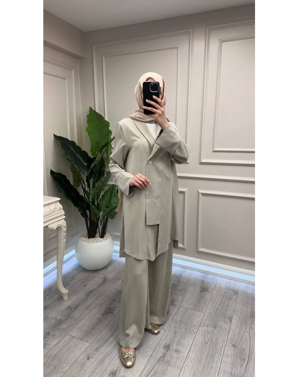 Trenç 3742 Bej Önü Düğmeli Kap Pantolon Takım