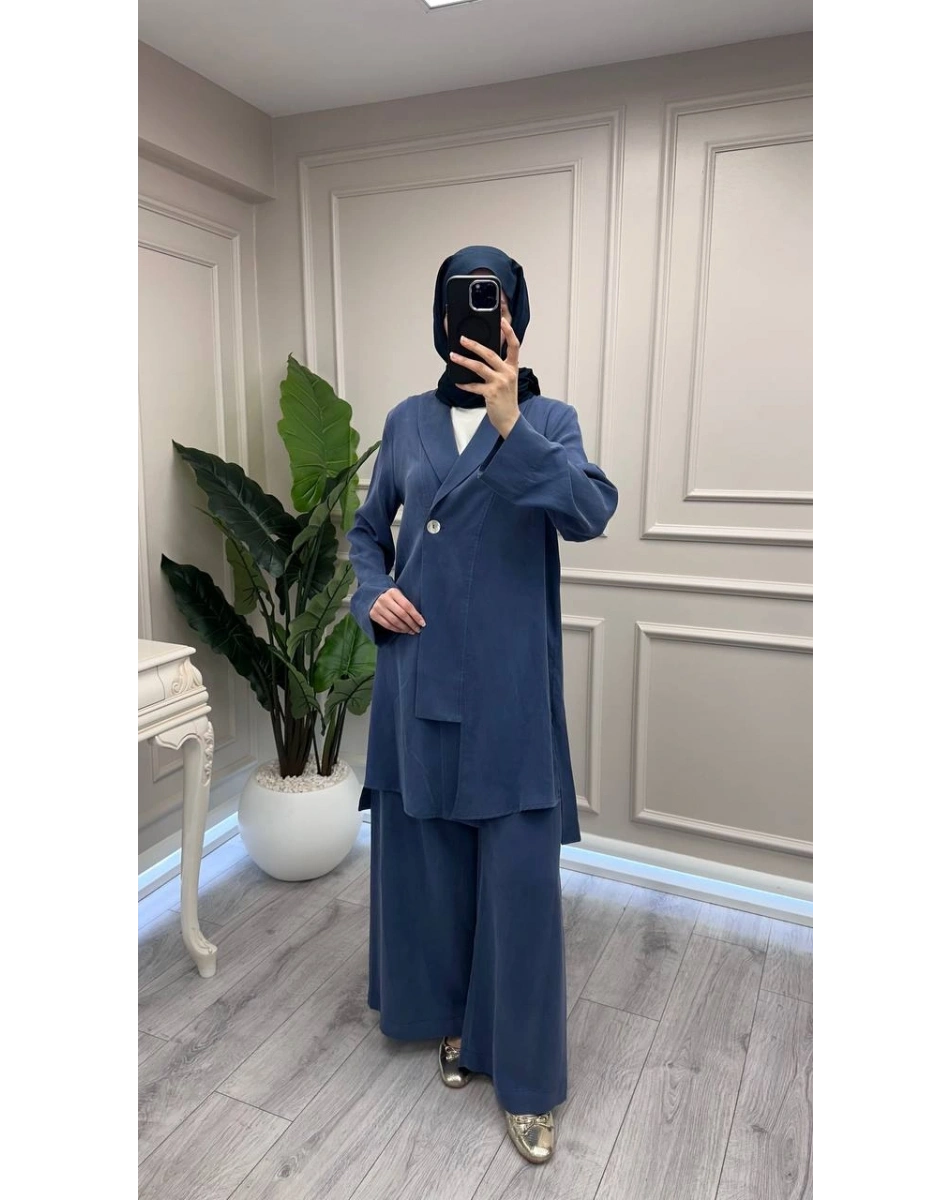Trenç 3742 İndigo Önü Düğmeli Kap Pantolon Takım