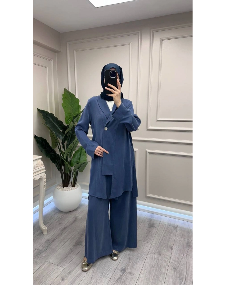 Trenç 3742 İndigo Önü Düğmeli Kap Pantolon Takım