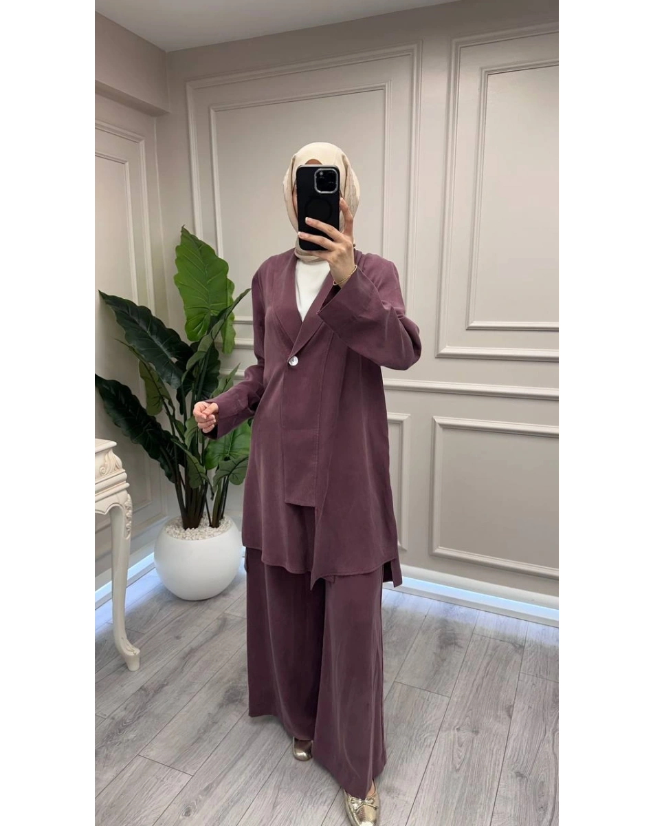 Trenç 3742 Bordo Önü Düğmeli Kap Pantolon Takım