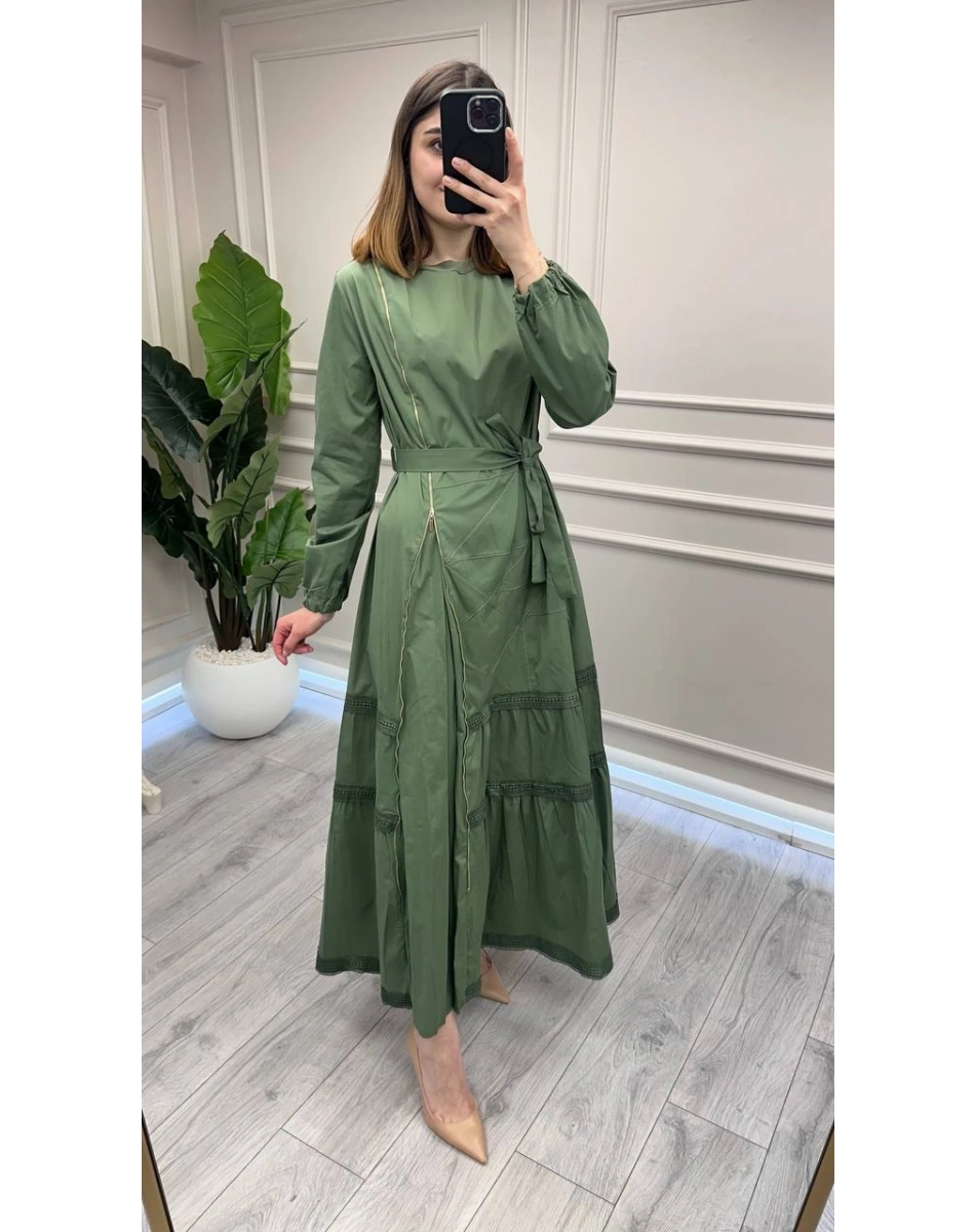 Misswhence 39807 Yeşil Fermuar Ve Güpür Detaylı Elbise