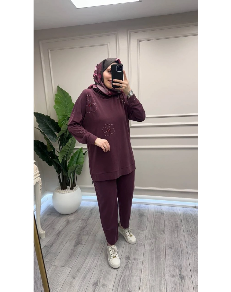 Wennora 1020 Bordo Çiçek Desenli Takım