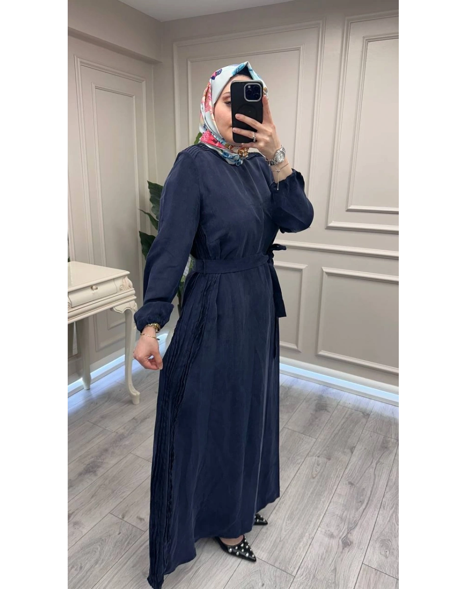 Misswhence 39833 Lacivert Nervür Detaylı Elbise