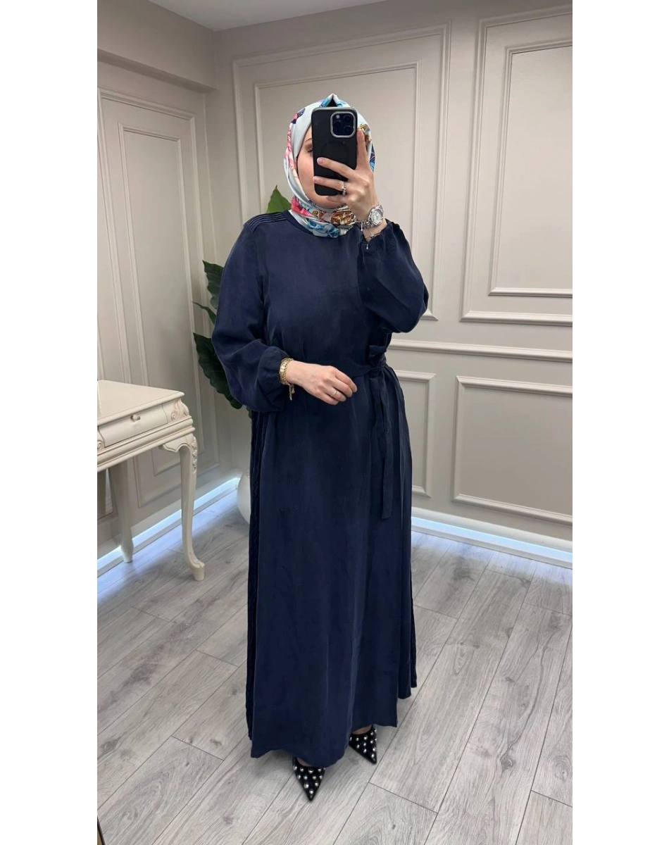 Misswhence 39833 Lacivert Nervür Detaylı Elbise