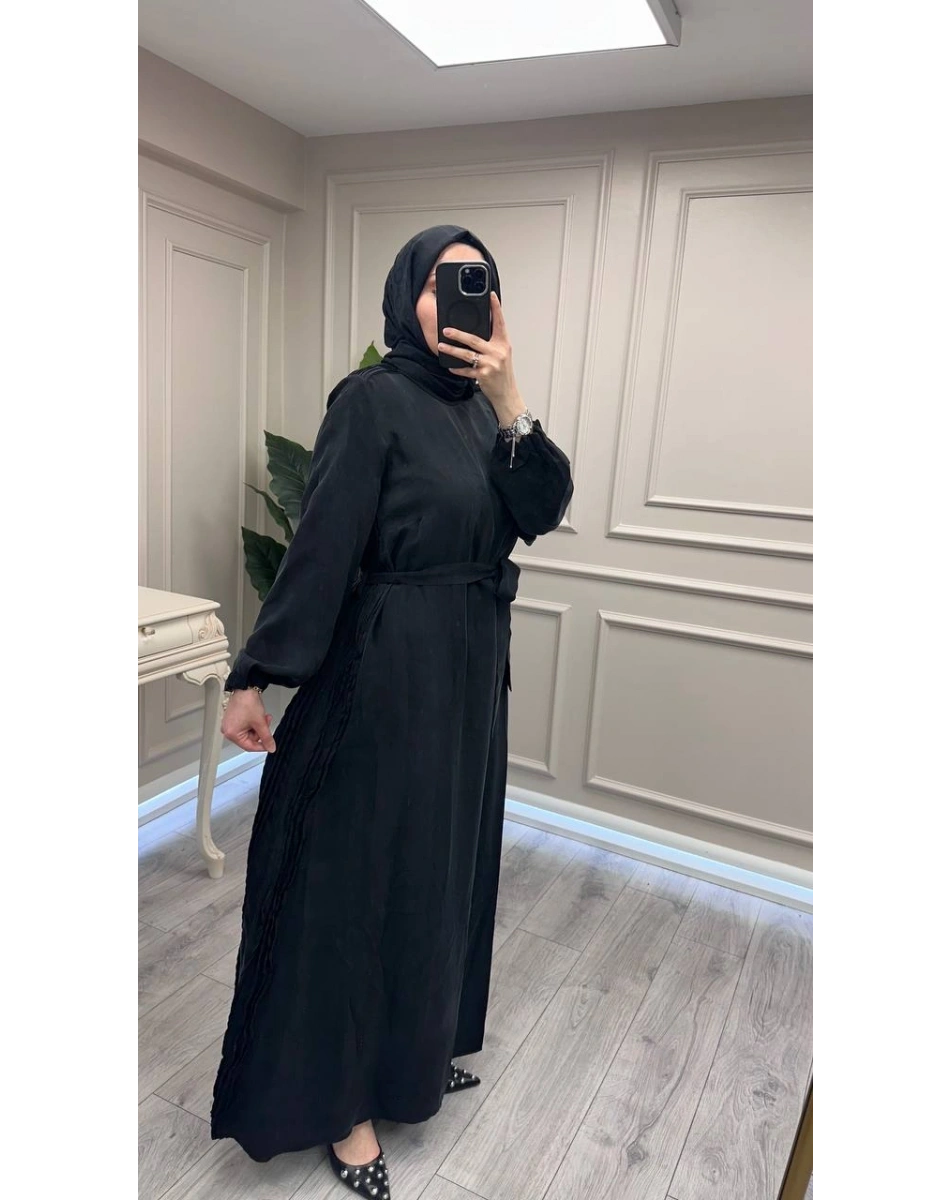 Misswhence 39833 Siyah Nervür Detaylı Elbise