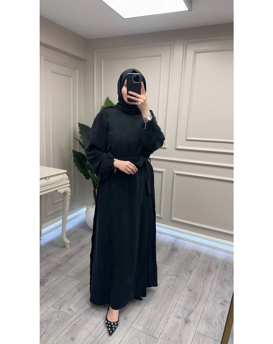 Misswhence 39833 Siyah Nervür Detaylı Elbise