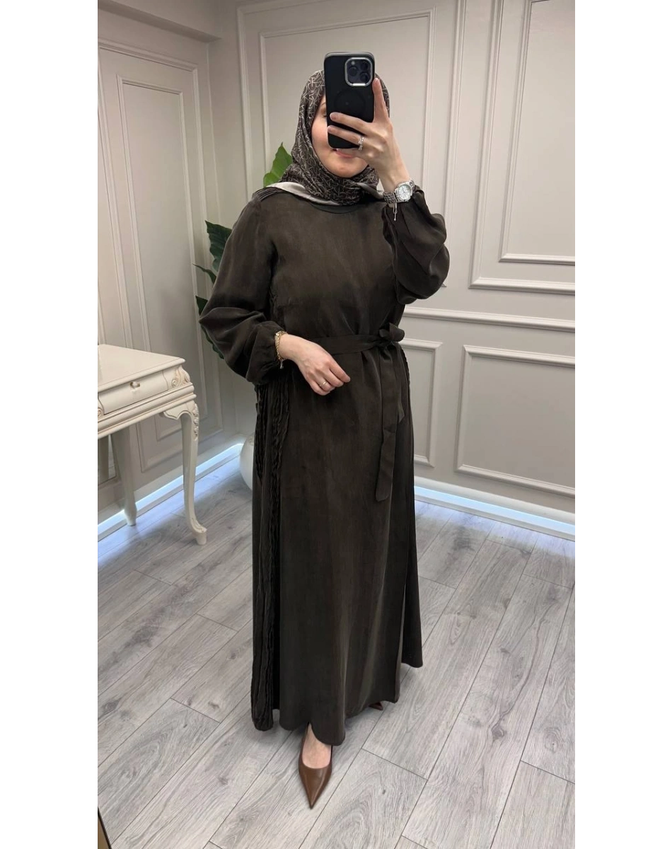 Misswhence 39833 Kahverengi Nervür Detaylı Elbise