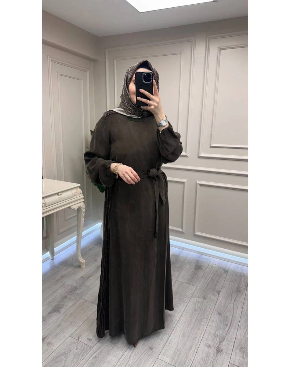 Misswhence 39833 Kahverengi Nervür Detaylı Elbise