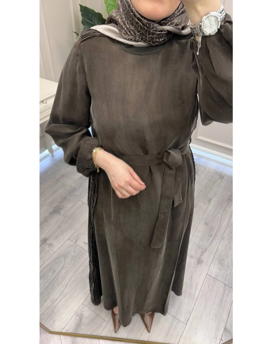 Misswhence 39833 Kahverengi Nervür Detaylı Elbise