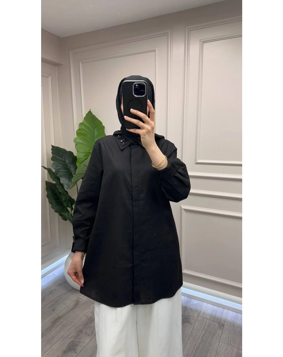 Wennora 1041 Siyah Keten Gömlek