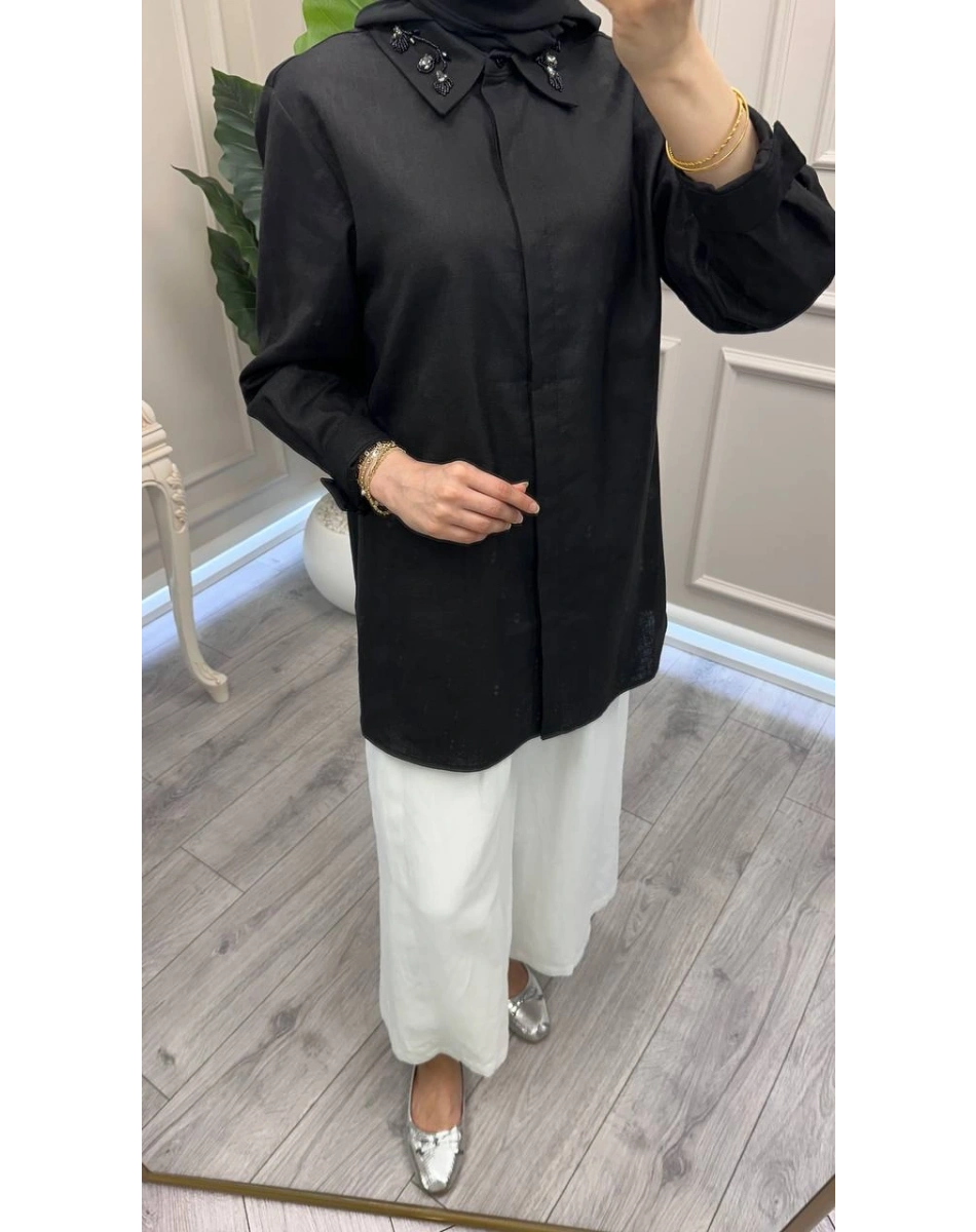 Wennora 1041 Siyah Keten Gömlek