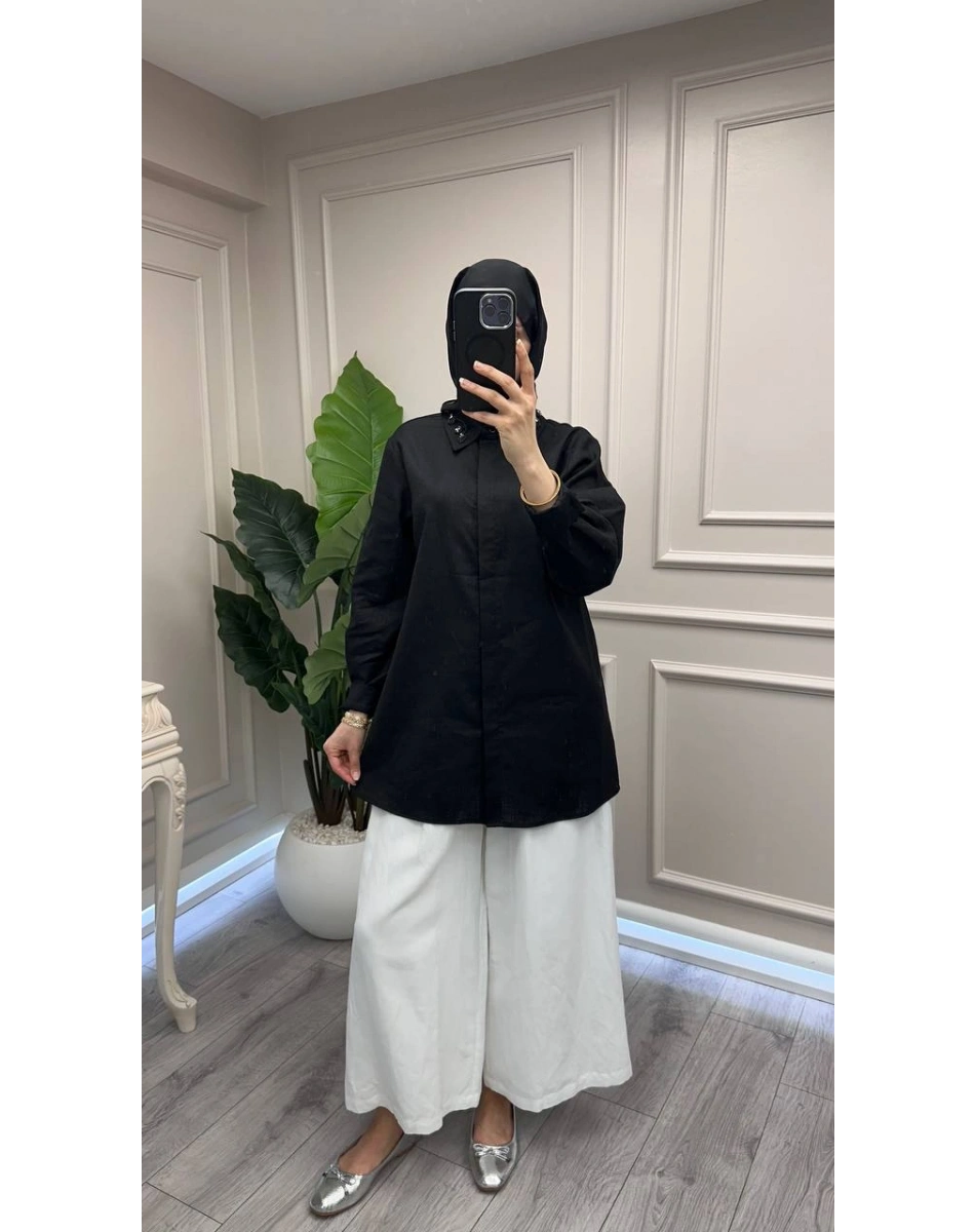 Wennora 1041 Siyah Keten Gömlek