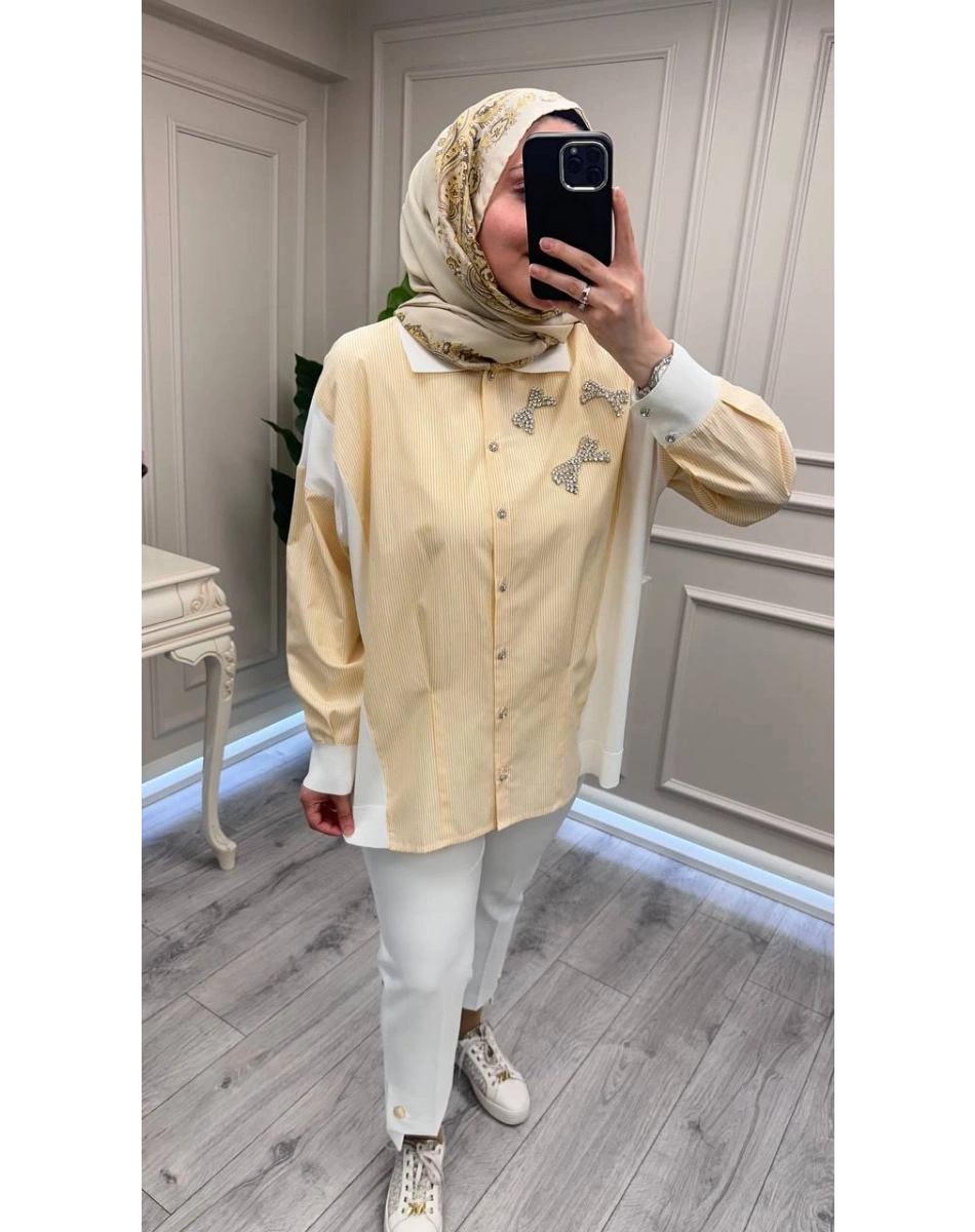 Ghisa 3610T4327 Sarı Yakası Taş Detaylı Tunik