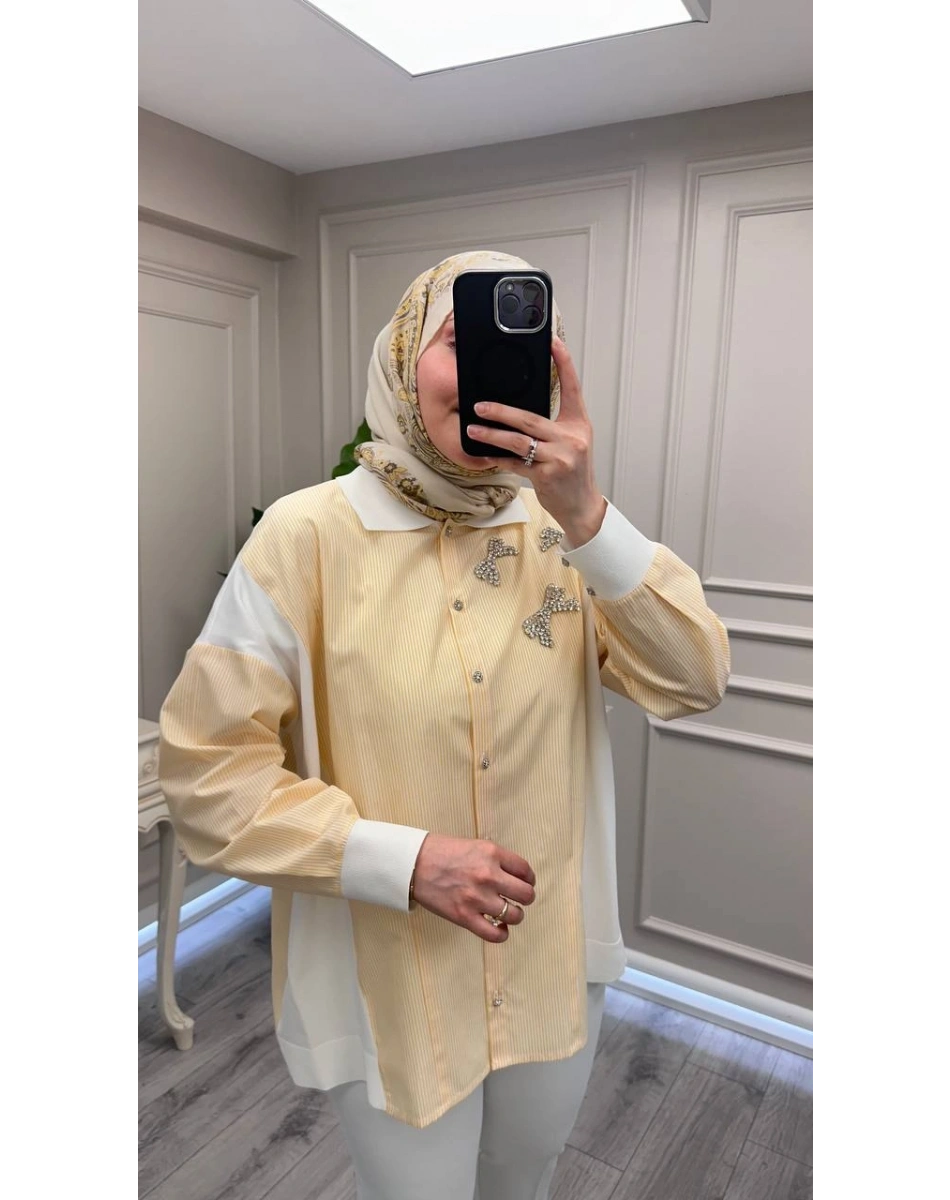 Ghisa 3610T4327 Sarı Yakası Taş Detaylı Tunik