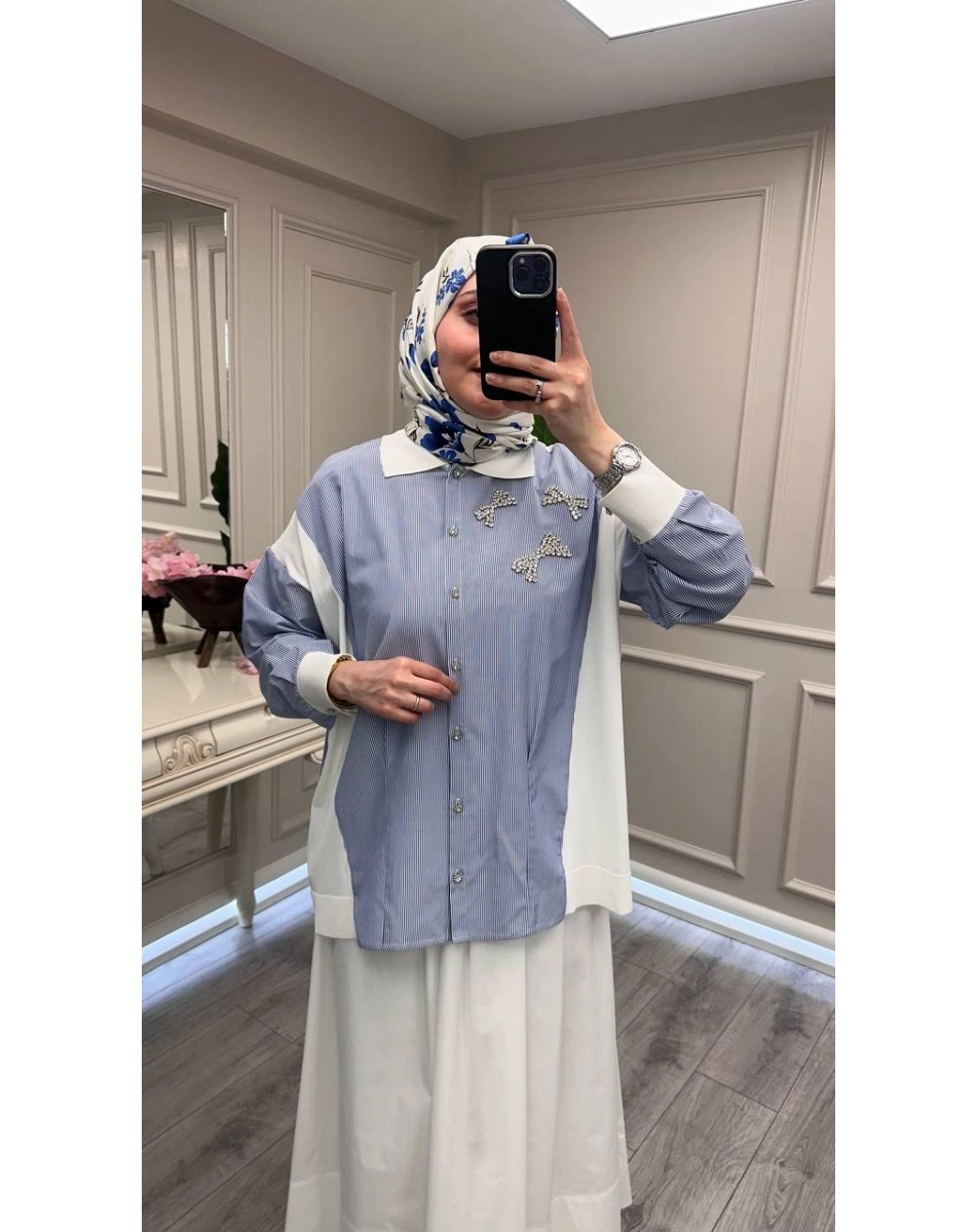 Ghisa 3610T4327 Lacivert Yakası Taş Detaylı Tunik