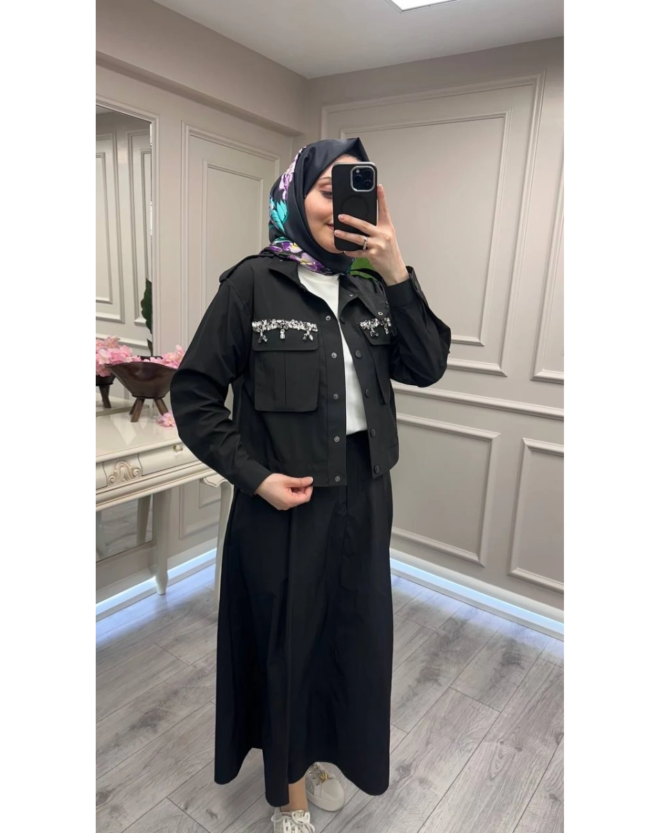 Wennora 1007 Siyah Cepleri Taş İşlemeli Takım