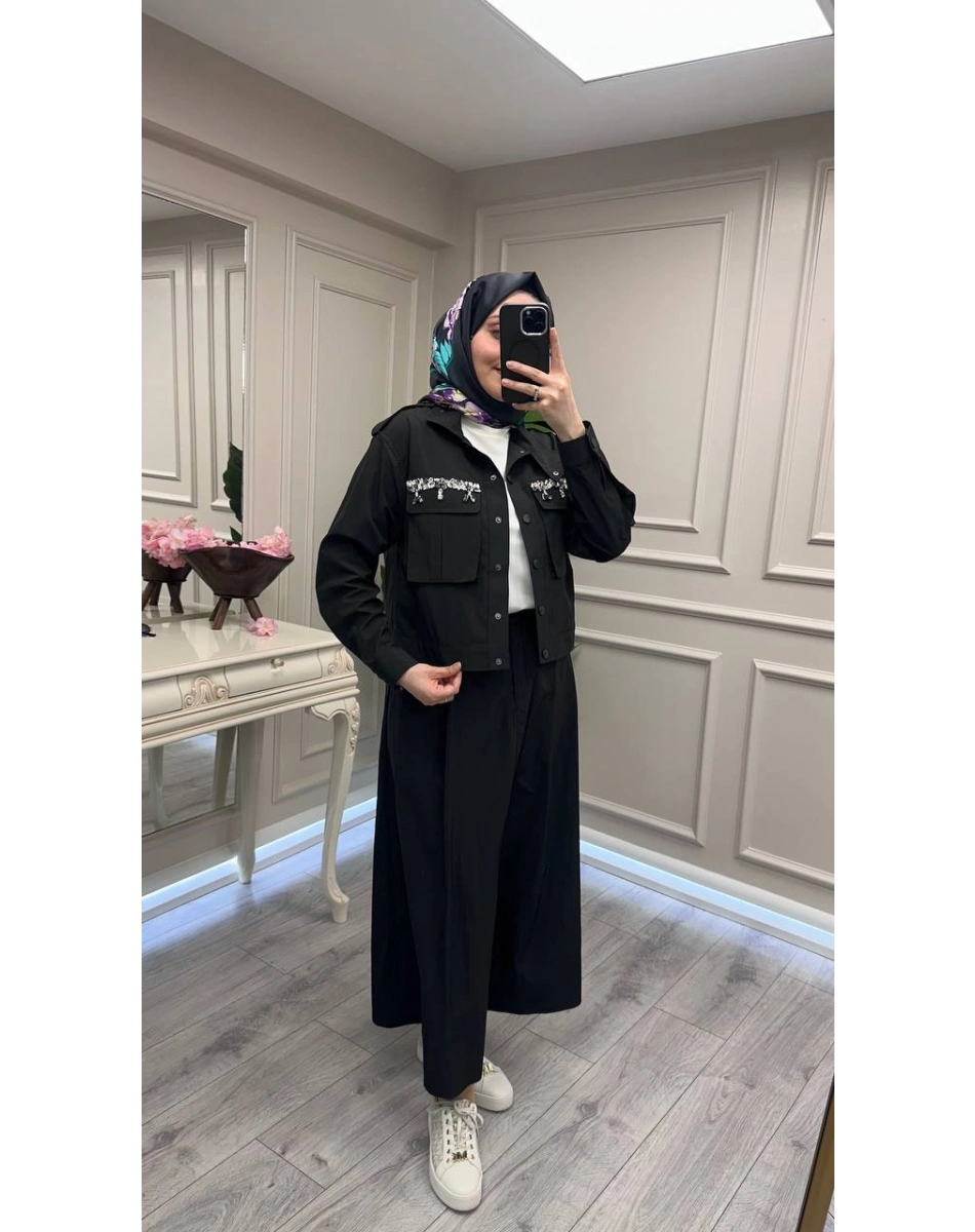 Wennora 1007 Siyah Cepleri Taş İşlemeli Takım