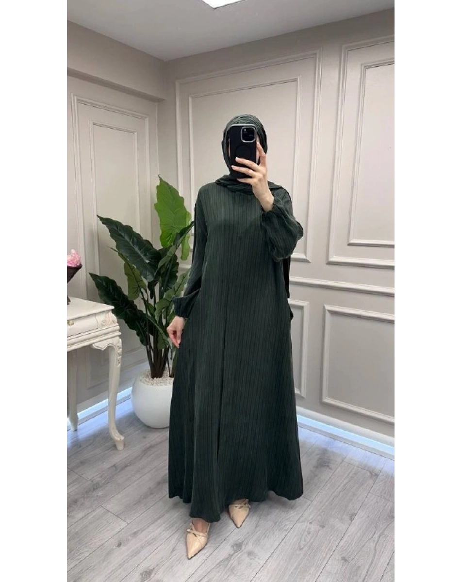 Misswhence 39514 Yeşil Çizgi Detaylı Şallı Ferace