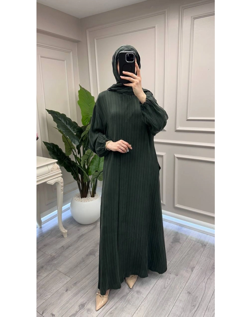 Misswhence 39514 Yeşil Çizgi Detaylı Şallı Ferace