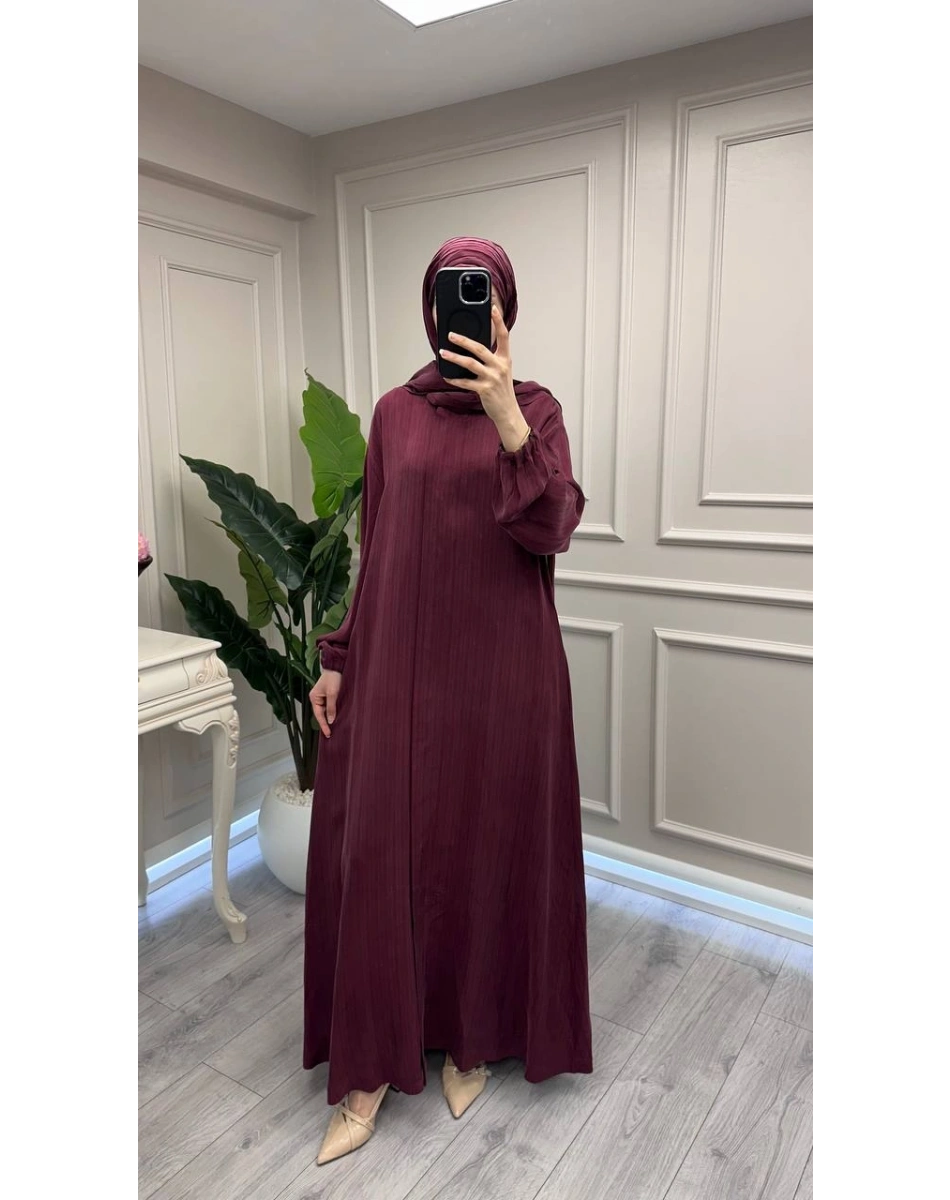 Misswhence 39514 Bordo Çizgi Detaylı Şallı Ferace