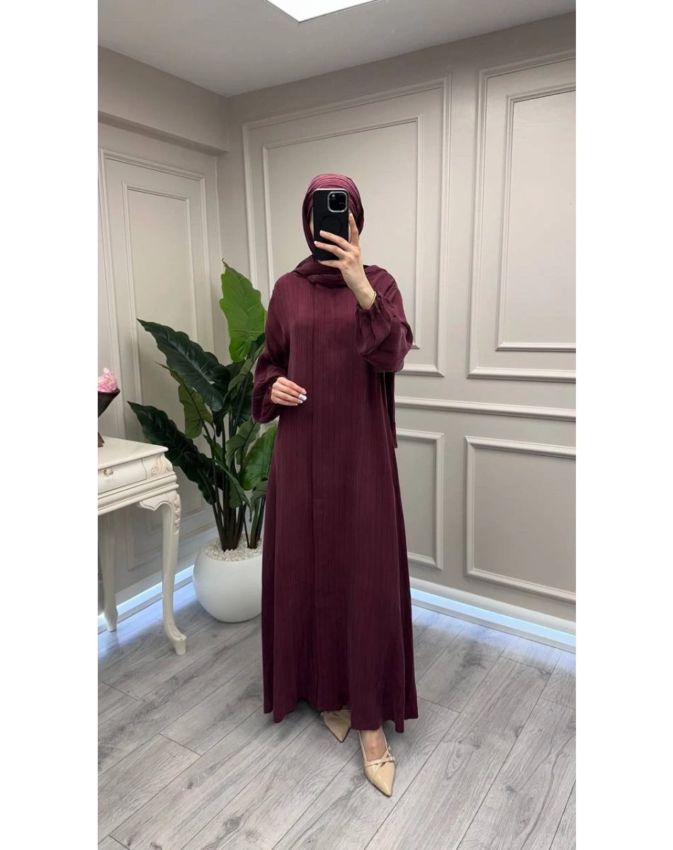 Misswhence 39514 Bordo Çizgi Detaylı Şallı Ferace