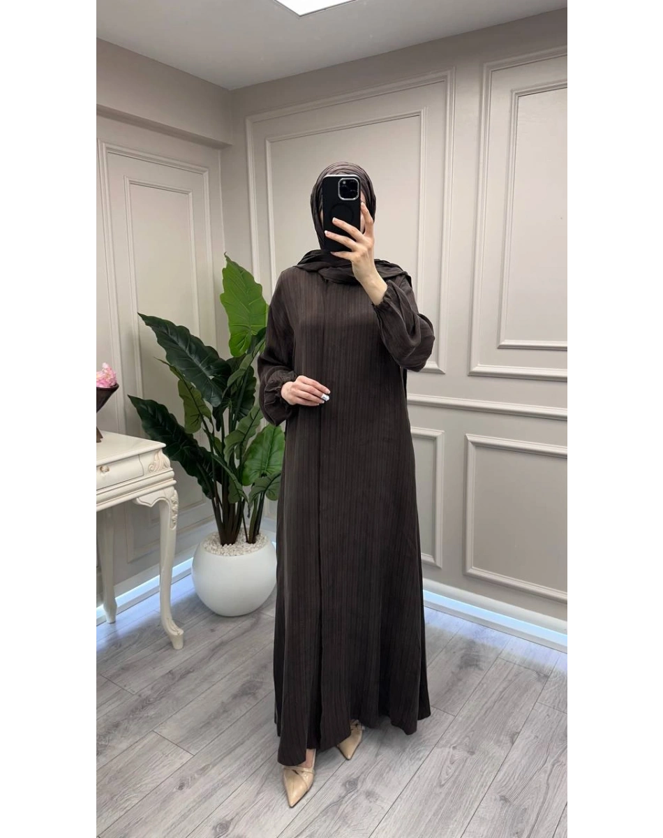 Misswhence 39514 Kahverengi Çizgi Detaylı Şallı Ferace