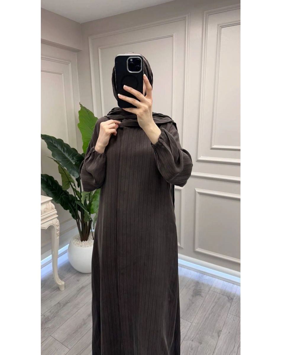 Misswhence 39514 Kahverengi Çizgi Detaylı Şallı Ferace