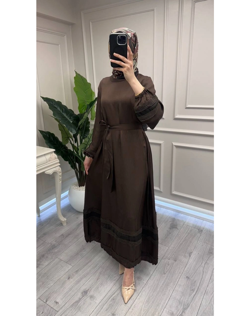 Misswhence 39836 Kahverengi Dantel Detaylı Elbise