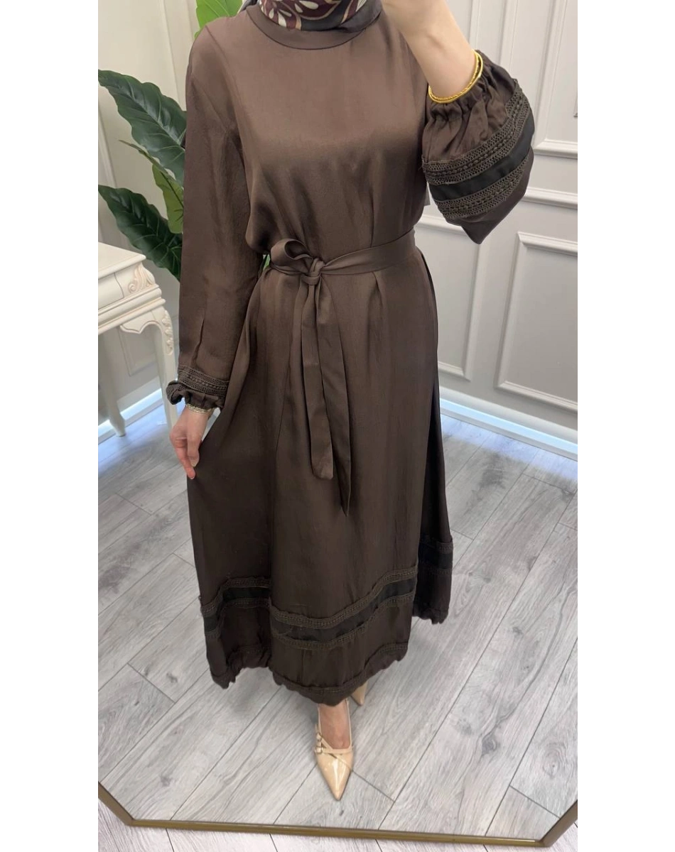 Misswhence 39836 Kahverengi Dantel Detaylı Elbise
