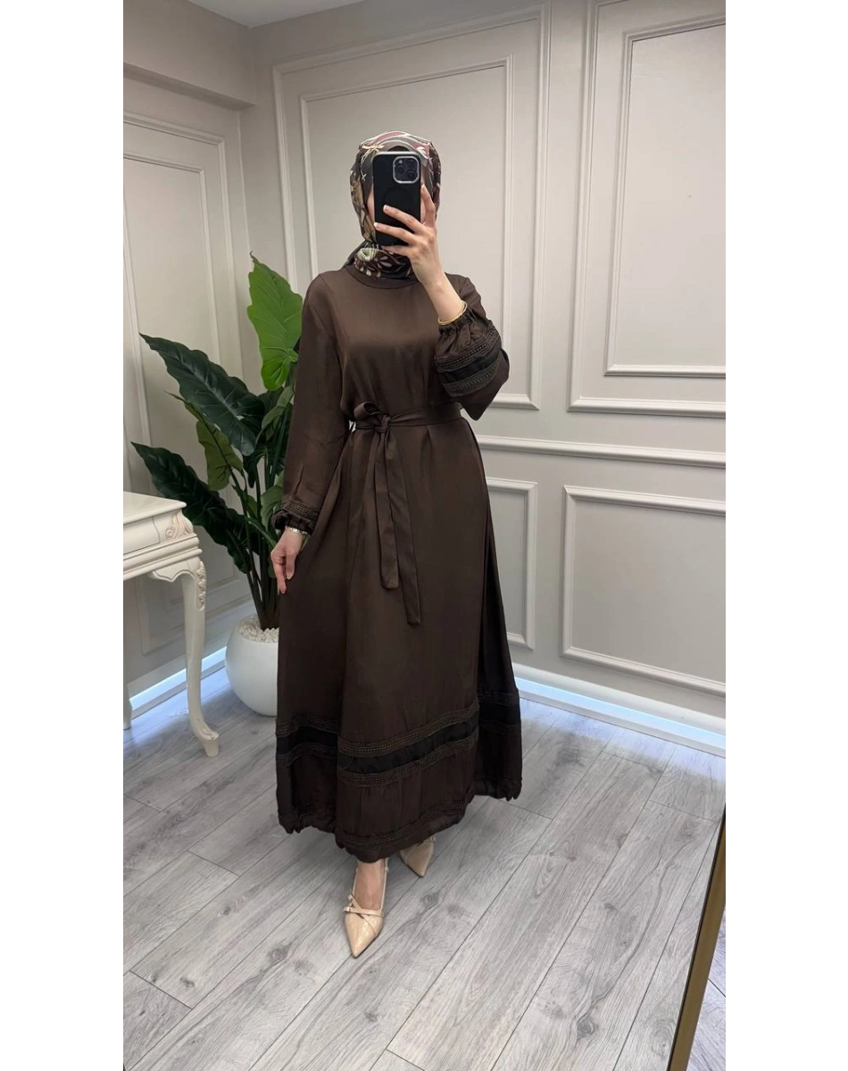 Misswhence 39836 Kahverengi Dantel Detaylı Elbise