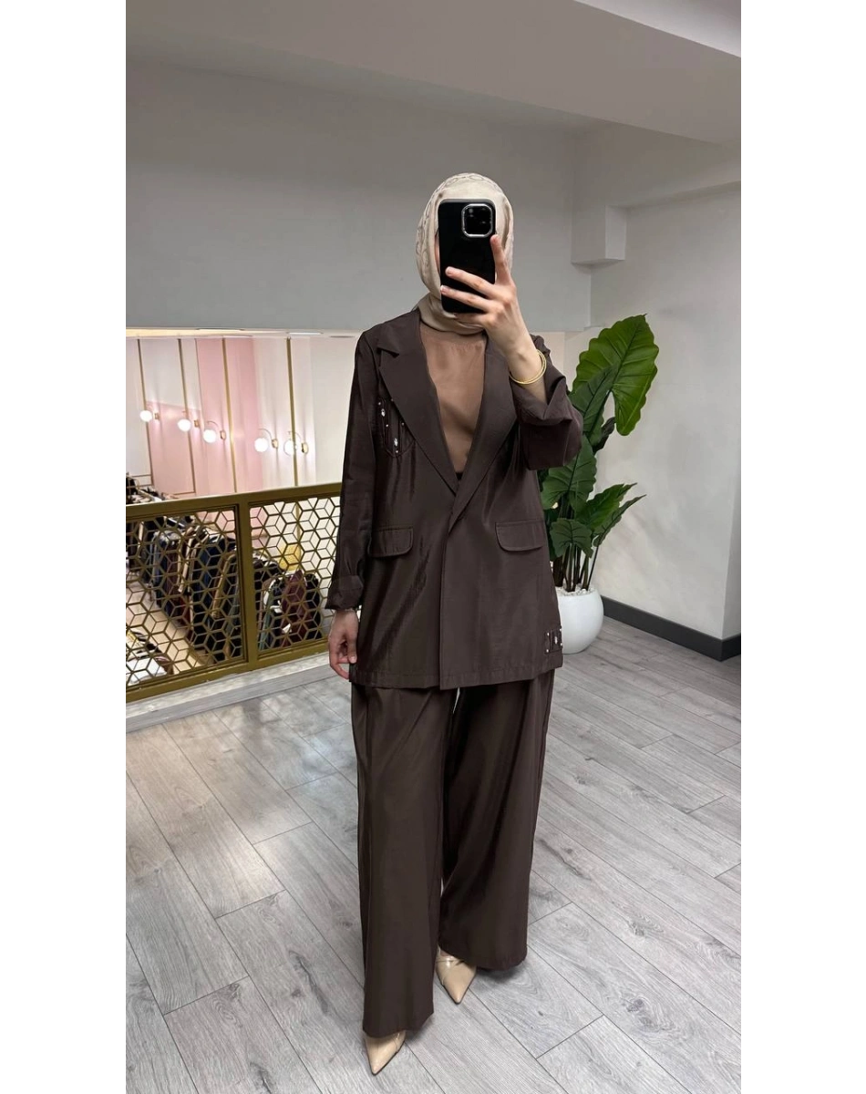 Ceremony 26Y835 Kahverengi Cebi Taş İşlemeli İkili Takım