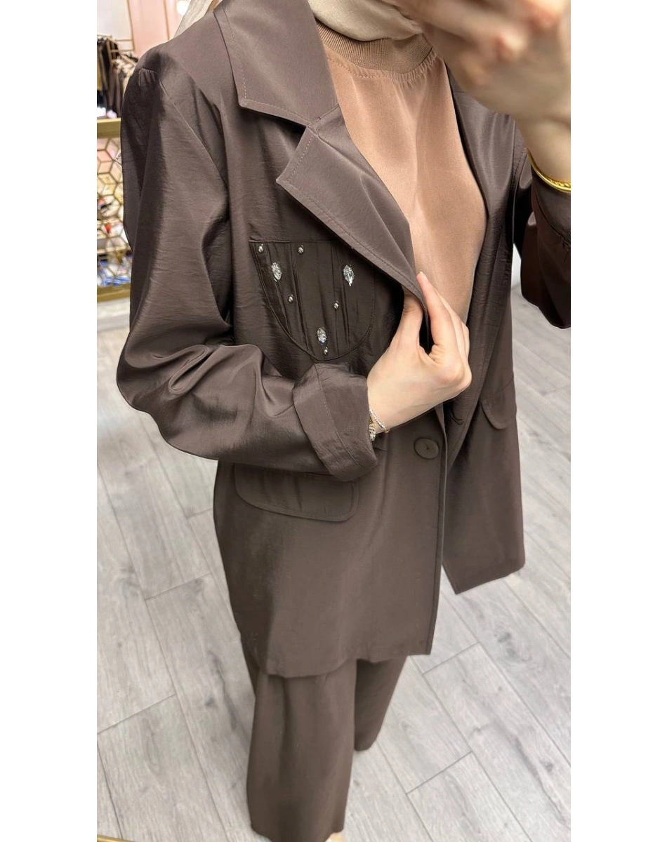 Ceremony 26Y835 Kahverengi Cebi Taş İşlemeli İkili Takım