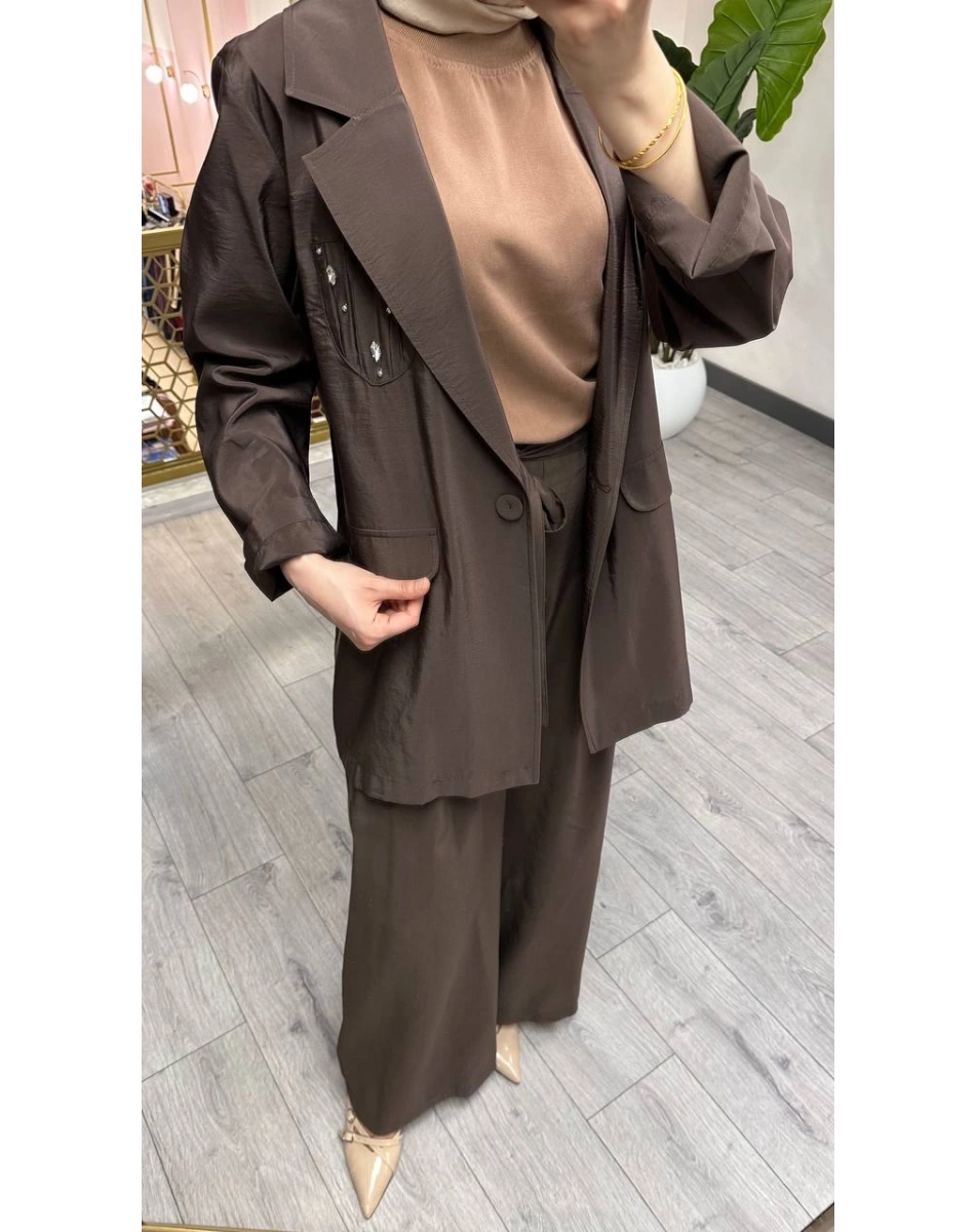 Ceremony 26Y835 Kahverengi Cebi Taş İşlemeli İkili Takım