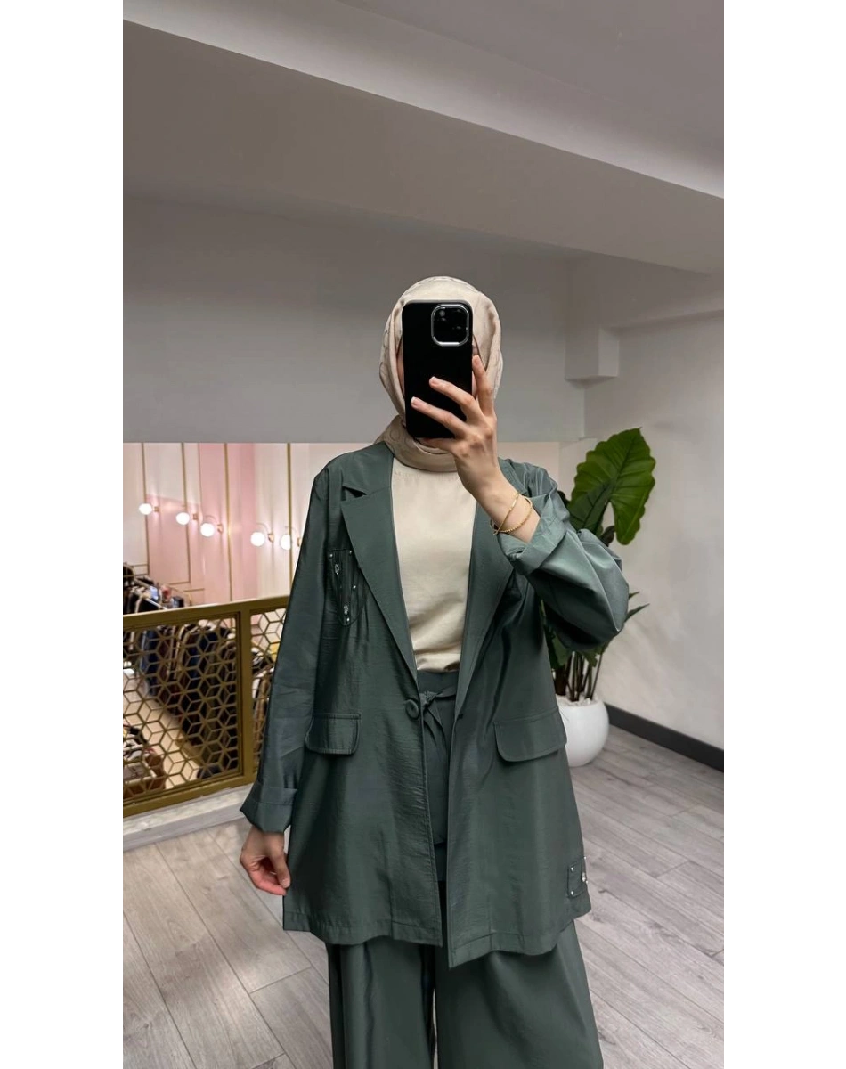 Ceremony 26Y835 Yeşil Cebi Taş İşlemeli İkili Takım