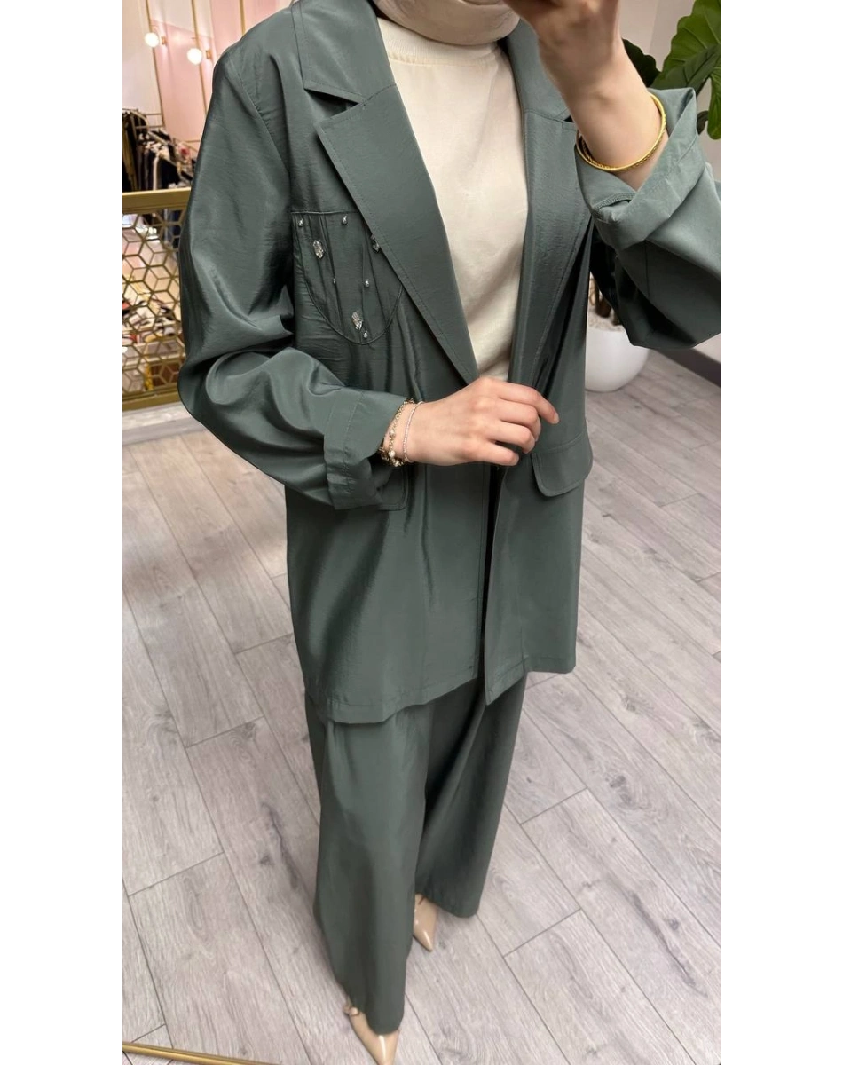 Ceremony 26Y835 Yeşil Cebi Taş İşlemeli İkili Takım