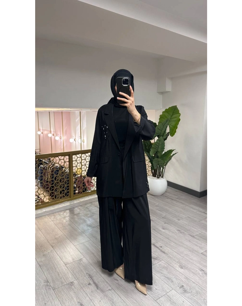 Ceremony 26Y835 Siyah Cebi Taş İşlemeli İkili Takım