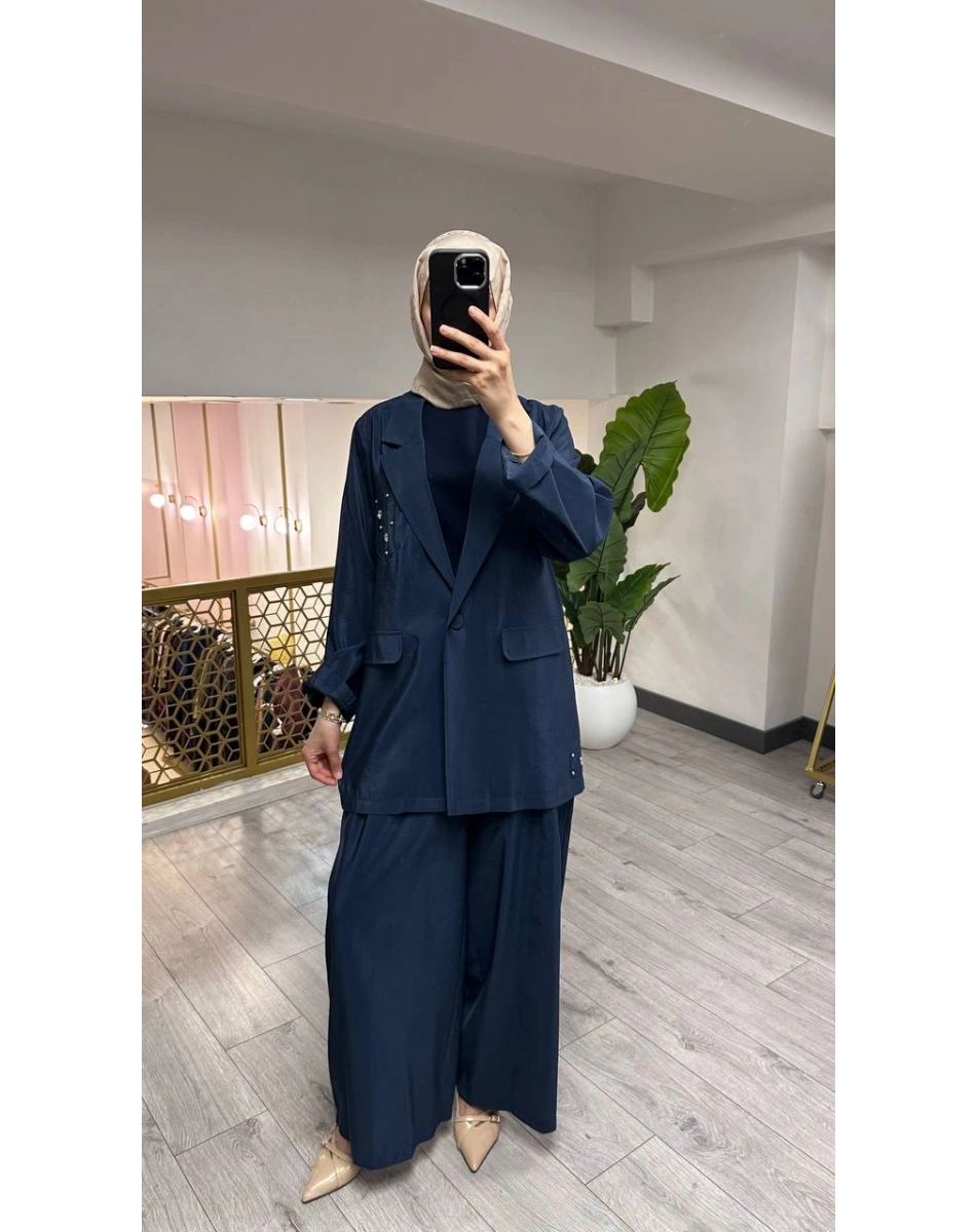 Ceremony 26Y835 Lacivert Cebi Taş İşlemeli İkili Takım