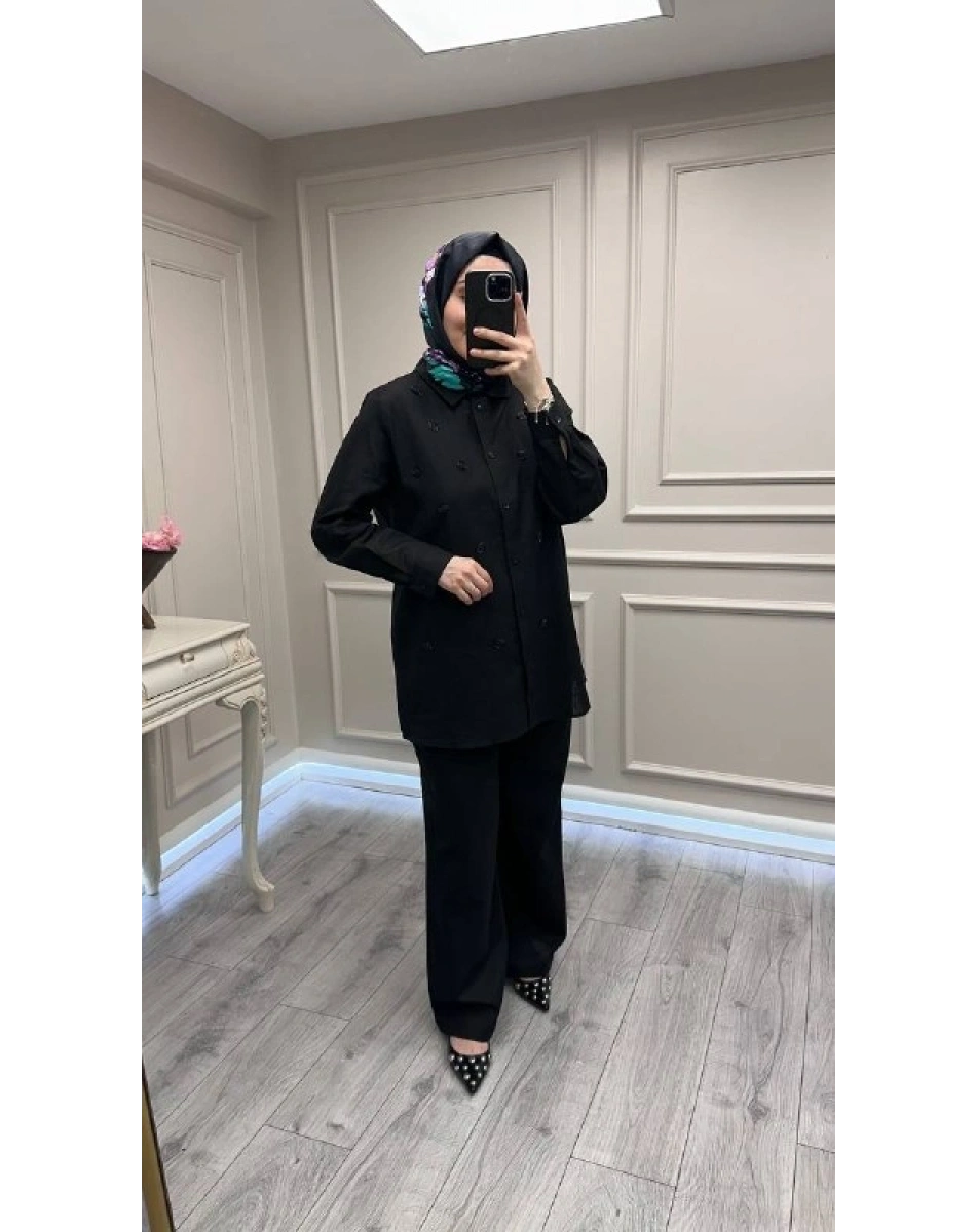 Wennora 1022 Siyah Taş İşleme Detaylı Keten Takım