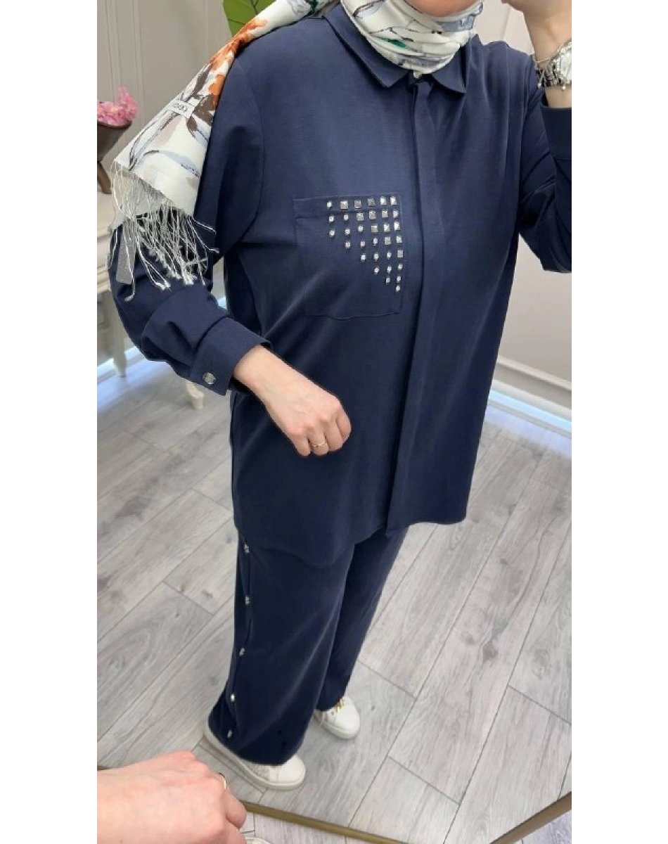 Wennora 1018 Lacivert Cep Detaylı İkili Takım