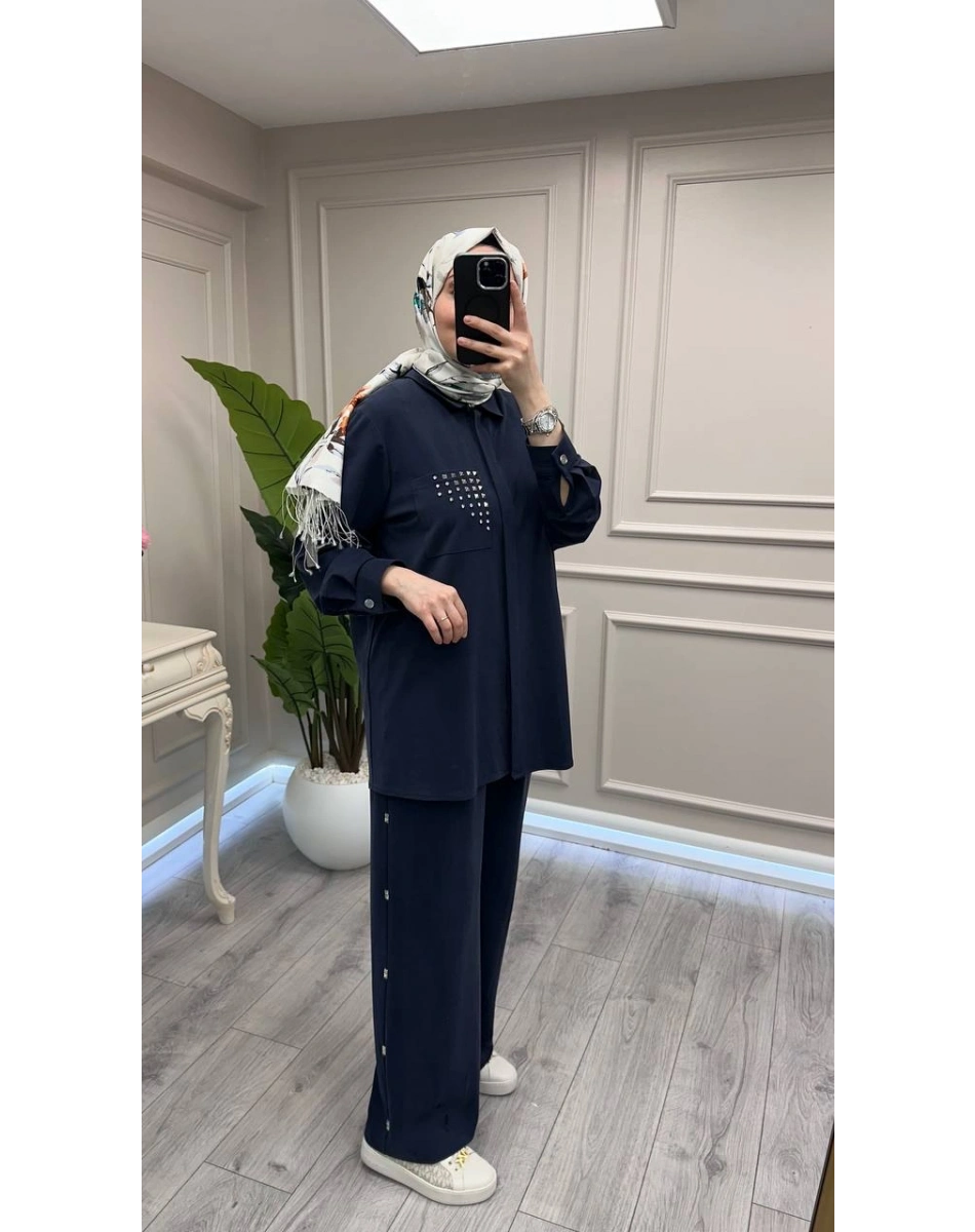 Wennora 1018 Lacivert Cep Detaylı İkili Takım