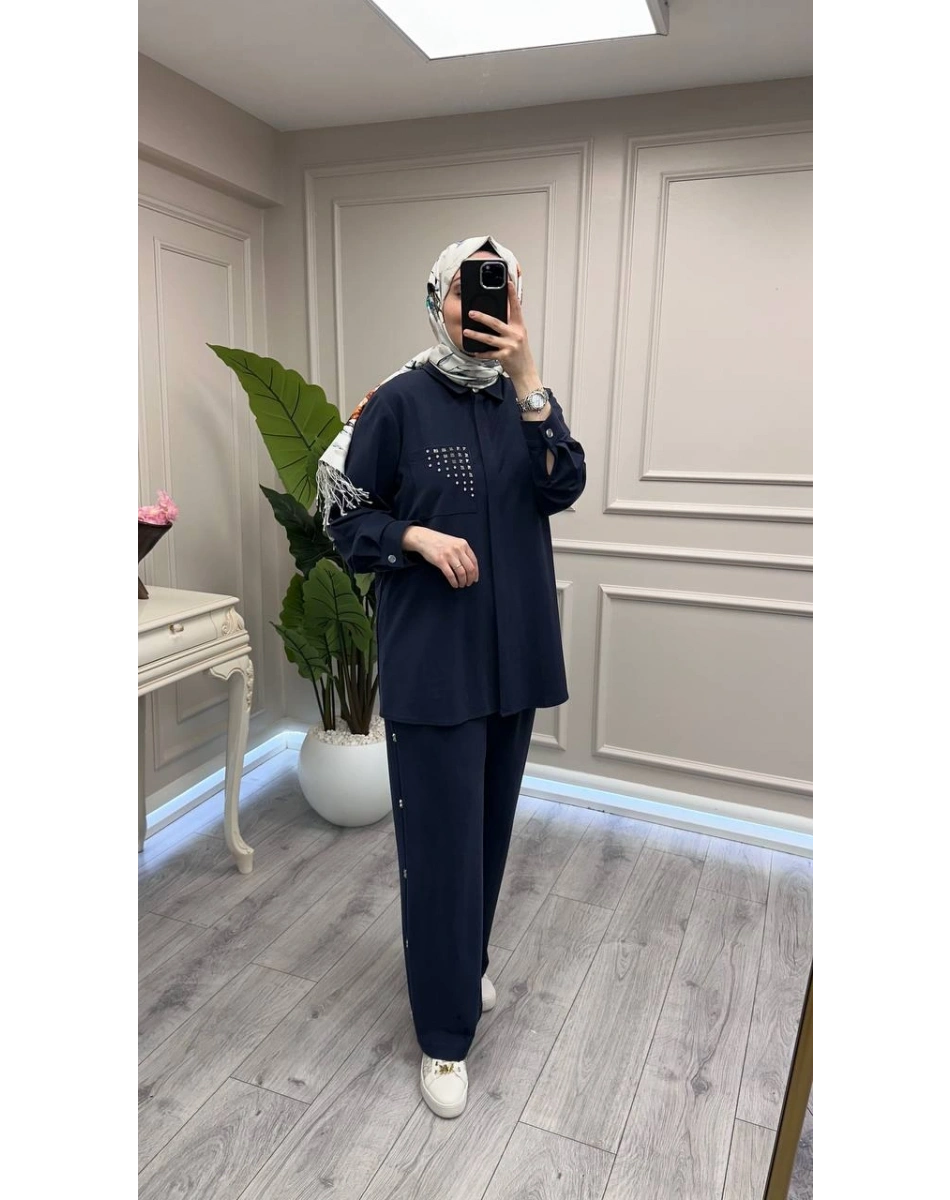 Wennora 1018 Lacivert Cep Detaylı İkili Takım