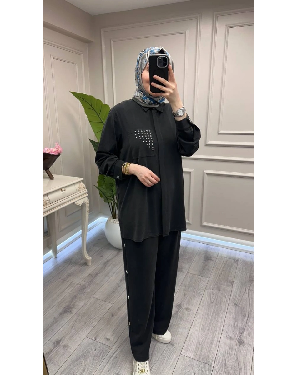 Wennora 1018 Siyah Cep Detaylı İkili Takım