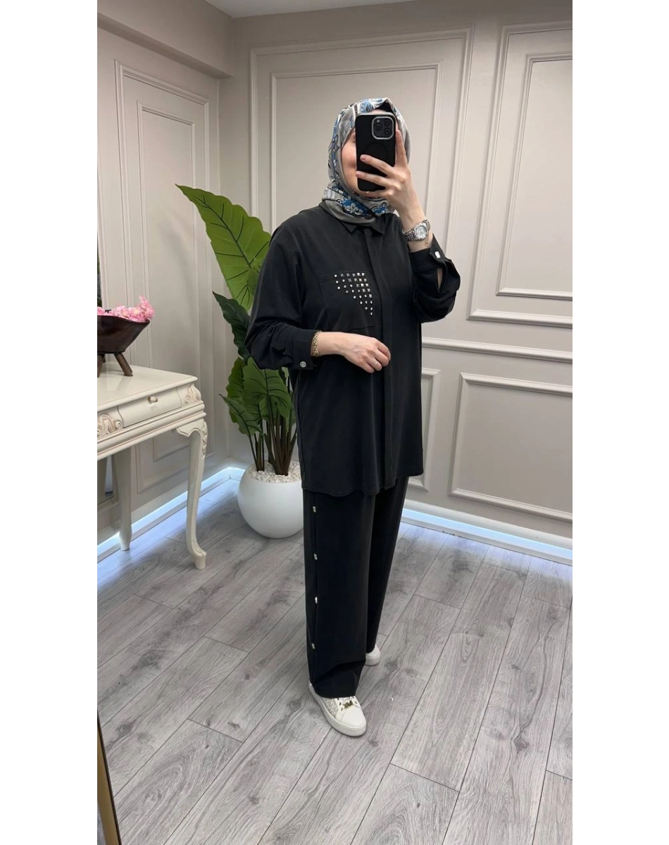 Wennora 1018 Siyah Cep Detaylı İkili Takım