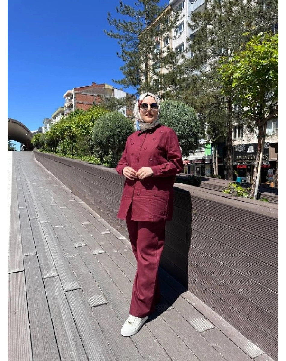 Wennora 1022 Bordo Taş İşleme Detaylı Keten Takım