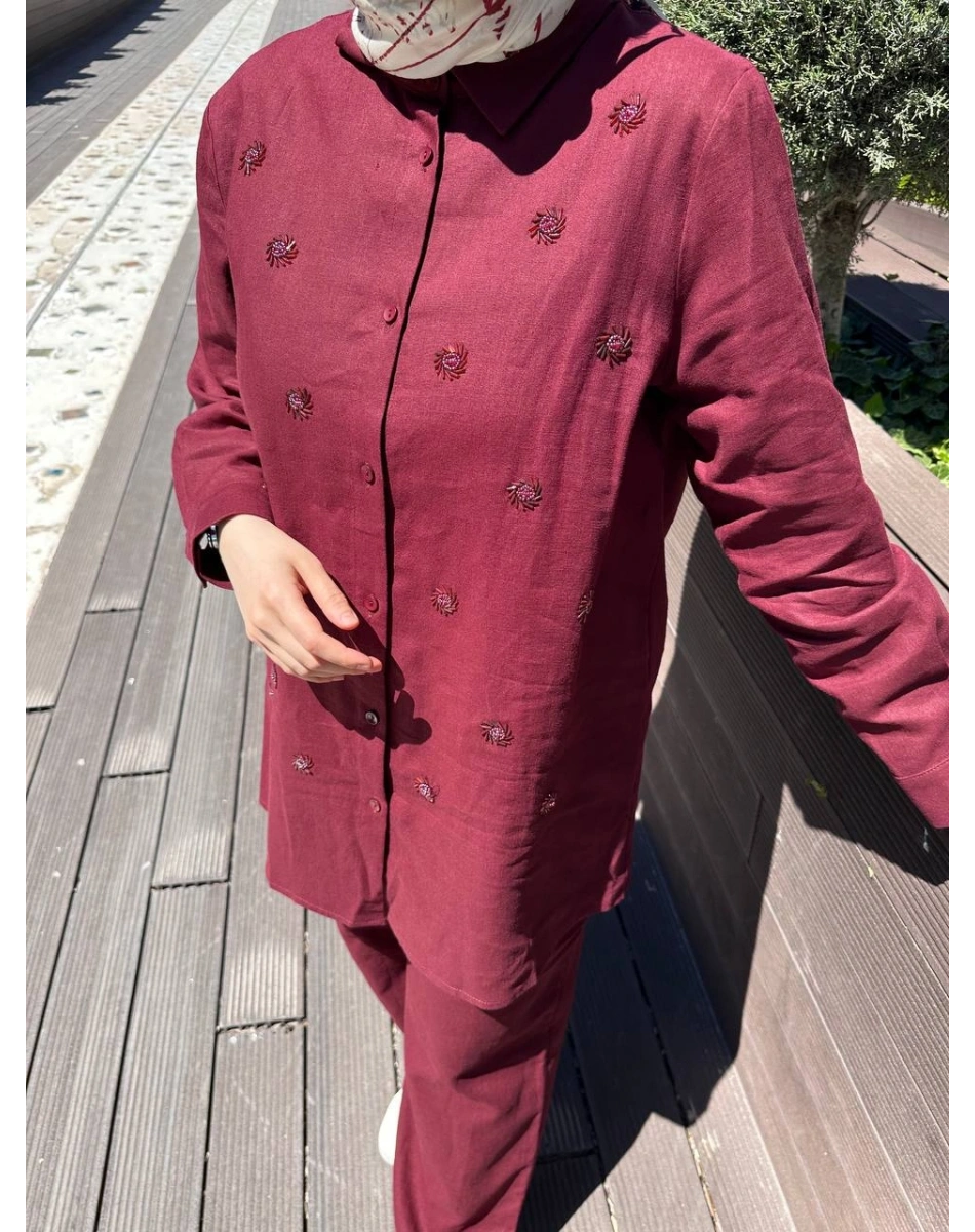 Wennora 1022 Bordo Taş İşleme Detaylı Keten Takım