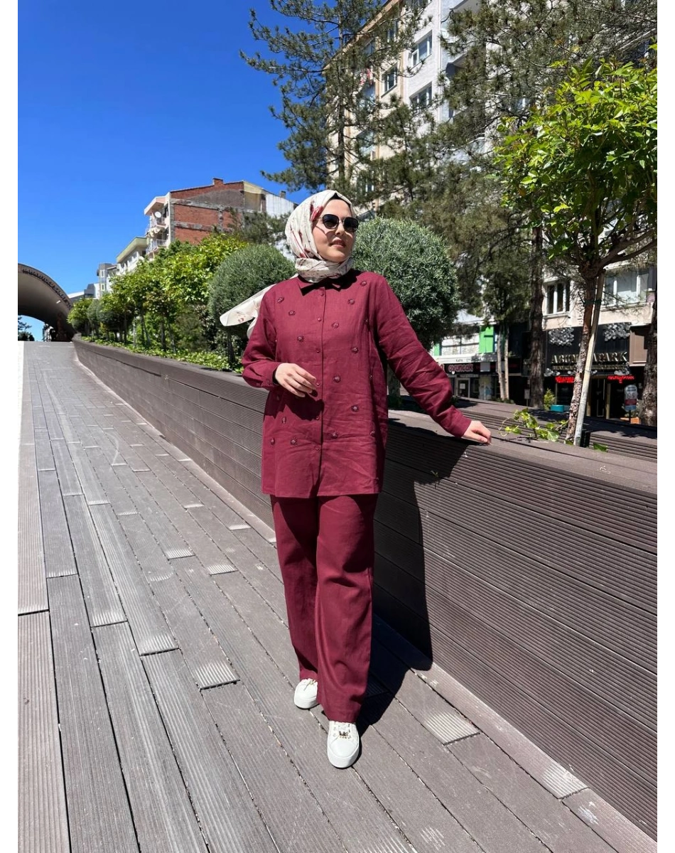 Wennora 1022 Bordo Taş İşleme Detaylı Keten Takım