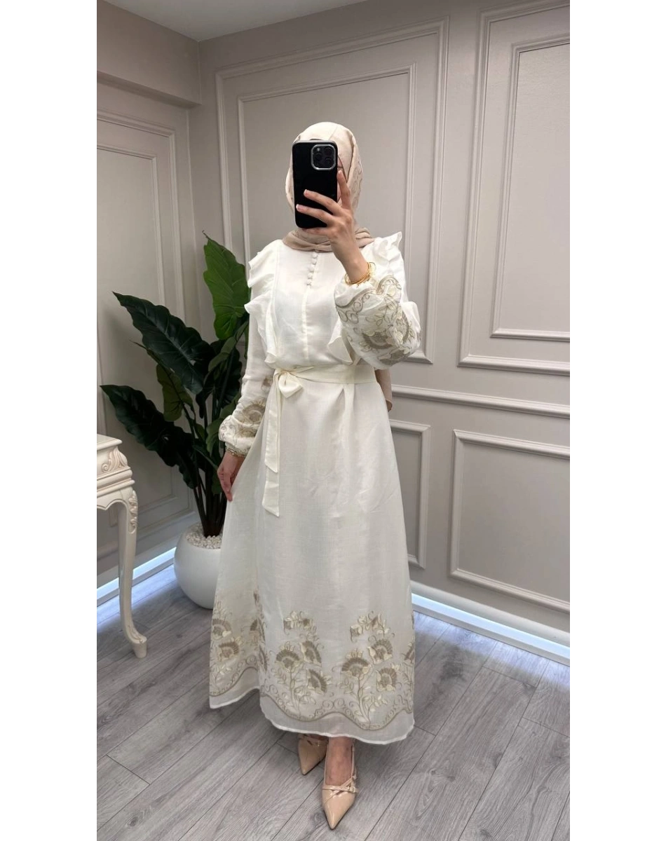 Nuss Triko 26Y2053 Krem Nakış İşleme Detaylı Elbise